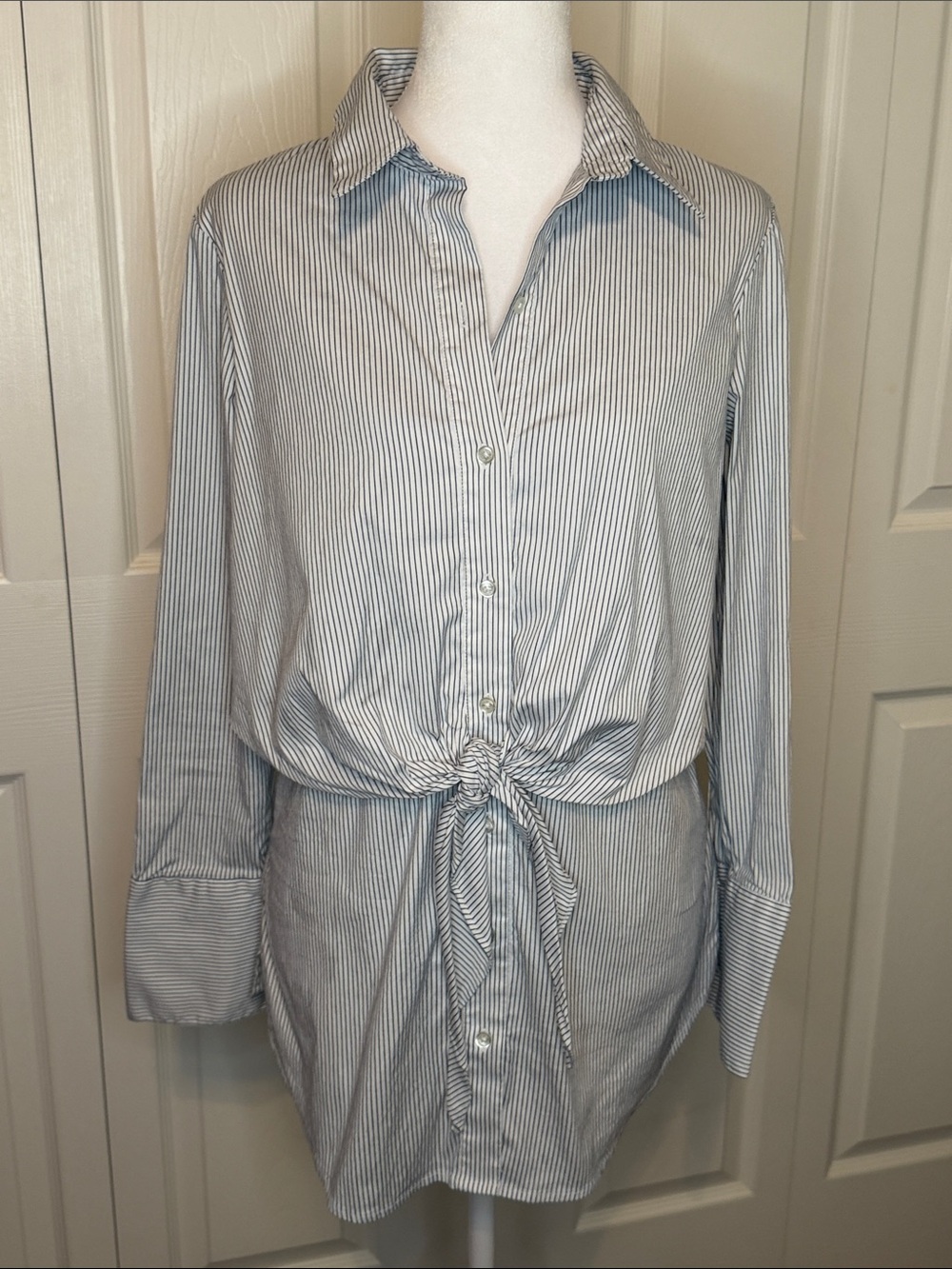White House Black Market Blue and White Striped Tie-Front Button Down Shirt